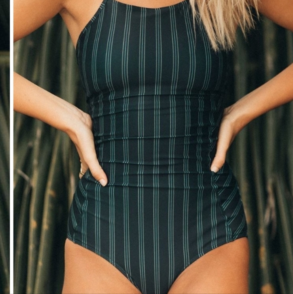 Ladies Deep Blue striped one piece suit with adjustable straps